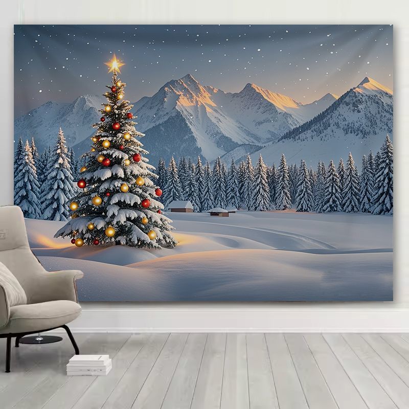 Christmas Tree Artificial - VIKAMA スノーマウンテン クリスマスツリー ウォールタペストリー リアルな写真によるパインの森と雪景色、星のオーナメント、美しいインテリア