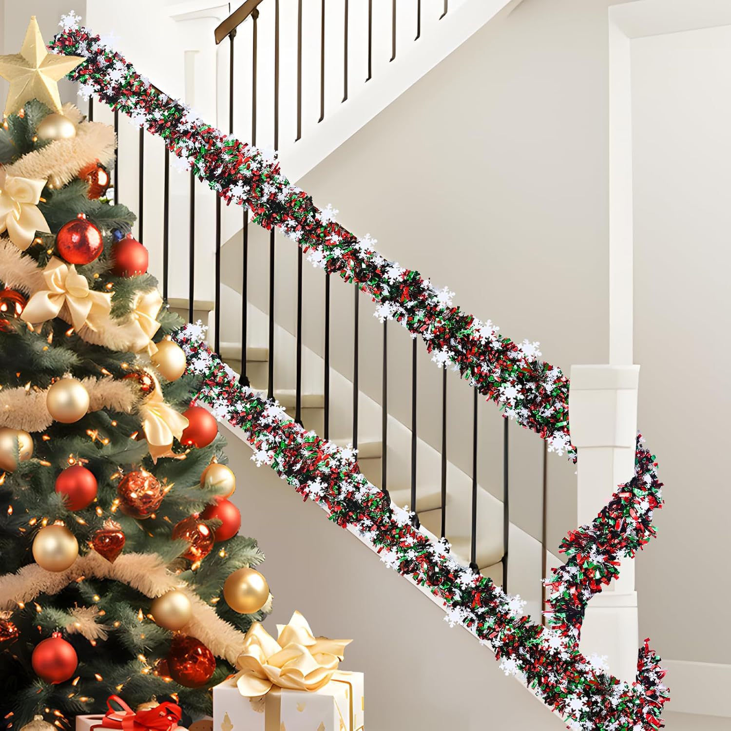 2M クリスマス スノーフレーク ティンセル ガーランド ク - Tinsel Garland Decoration のレビューと価格